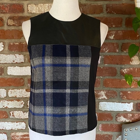 Calvin Klein Sleeveless Blue Black Plaid mixed media top size small - Picture 3 of 10